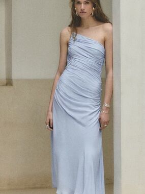 Mango asymmetrical Light Blue Ruched Strapless Evening Dress